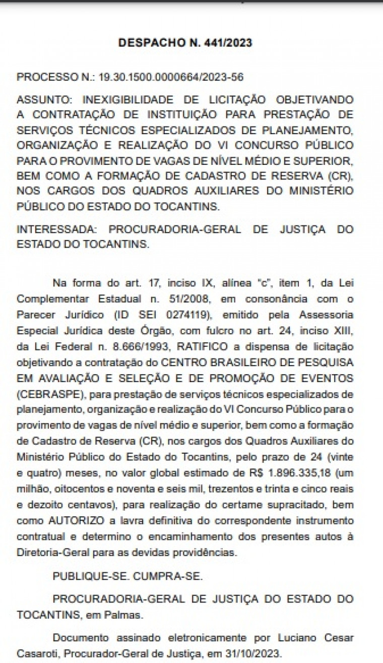 Despacho publicado no Diário Oficial do MPTO.