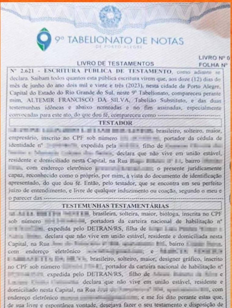 Testamento oficializado no cartório em Porto Alegre.