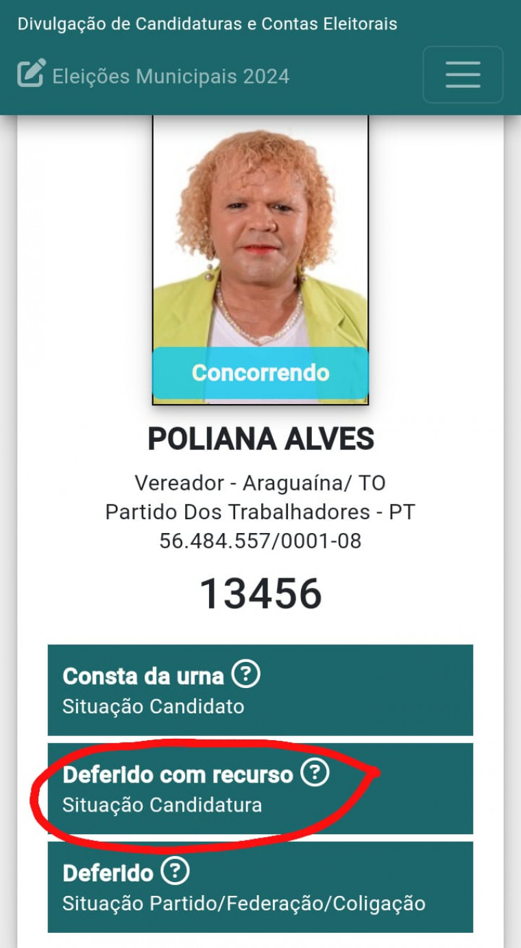 Poliana aparece com a situação da candidatura deferida com recurso.