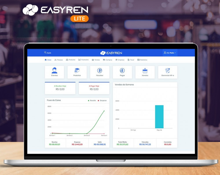 Tela inicial do EasyRen Lite traz gráficos e balanços parciais das operações das empresas