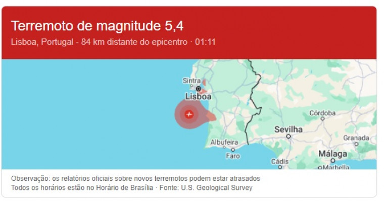 Terremoto ocorreu a uma profundidade de 10,7 km.