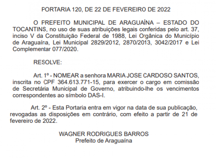 Nomeação de Zezé Cardoso como secretária