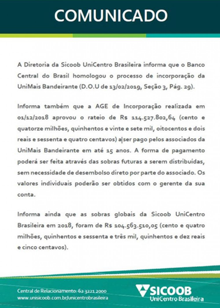 Comunicado da nova instituição