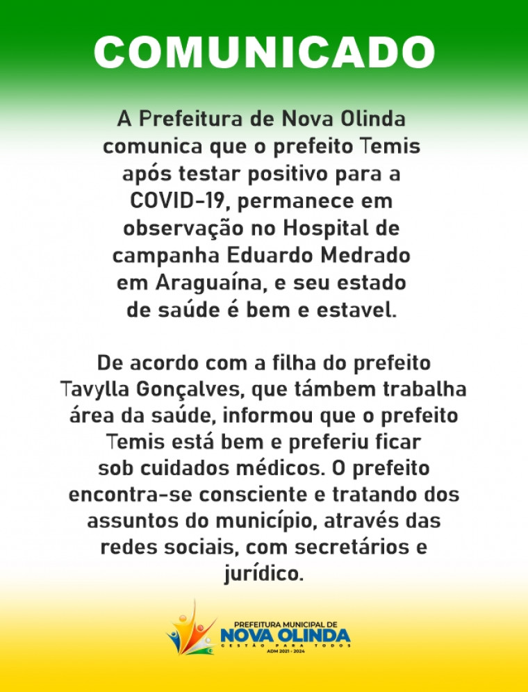 Nota oficial divulgada pela Prefeitura de Nova Olinda