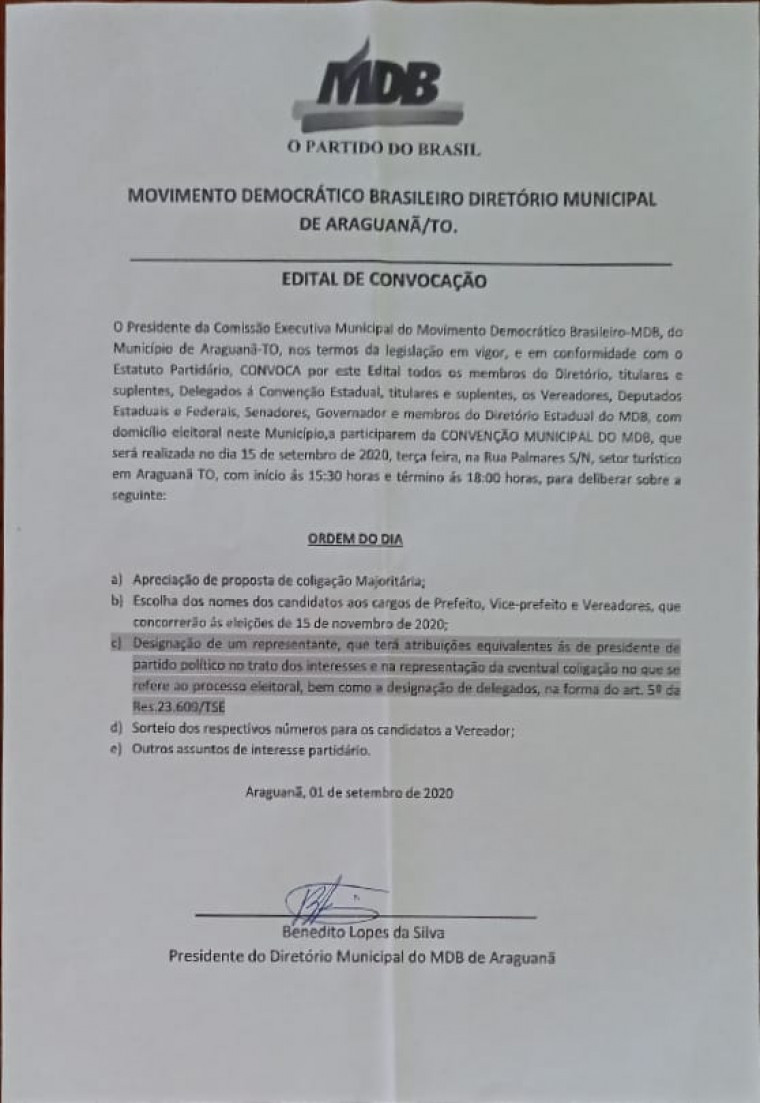 Edital da convenção do MDB de Araguanã