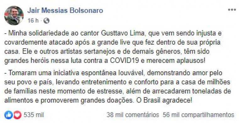 Postagem do Presidente Bolsonaro