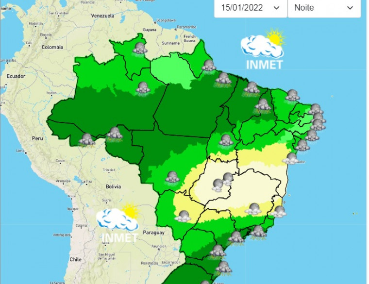 Previsão de muita chuva na área em verde escuro, incluindo todo o norte do Tocantins