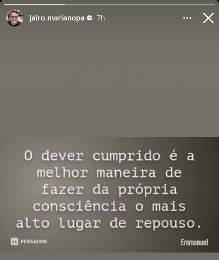 Jairo publicou essa frase em seus stories, no instagram