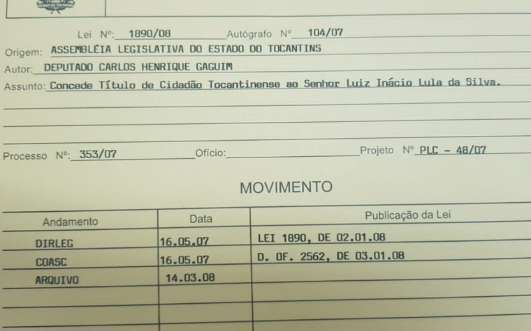 Documento da tramitação do projeto de lei na Assembleia Legislativa do Tocantins