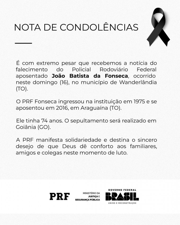 Nota de Pesar da PRF Tocantins.