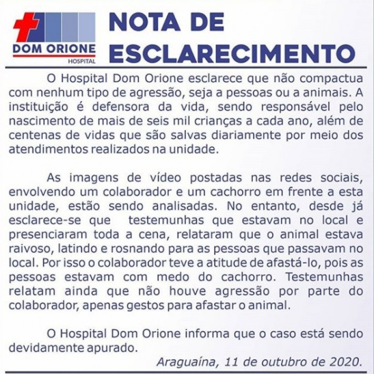 Nota do Hospital Dom Orione