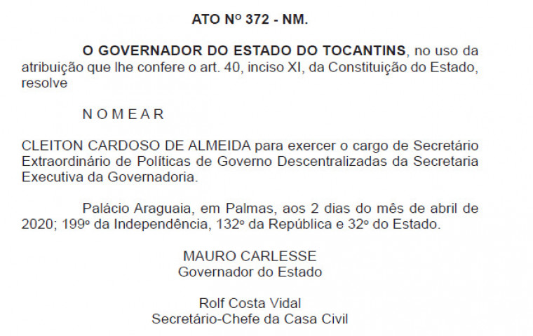 Nomeação do deputado Cleiton Cardoso como secretário