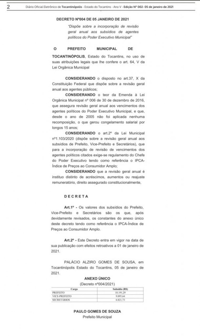Decreto publicado no Diário Oficial do Município