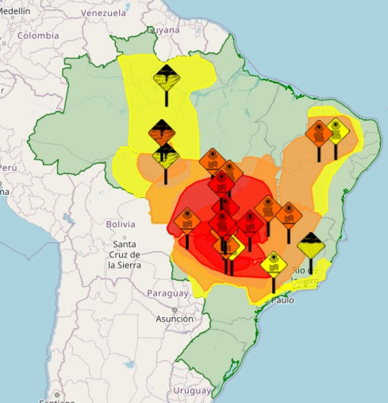 Mapa mostra os alertas para ondas de calor no Brasil; os locais em vermelho estão em "grande perigo"
