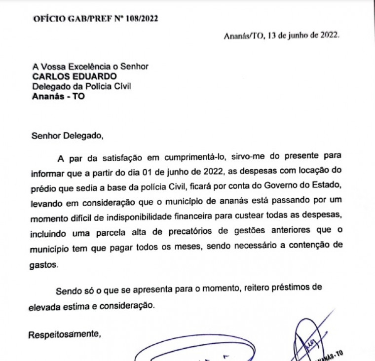 Ofício do prefeito de Ananás enviado ao delegado.