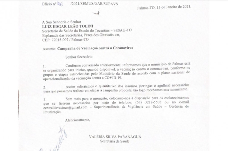 Ofício da Prefeitura de Palmas pedindo agulhas e seringas