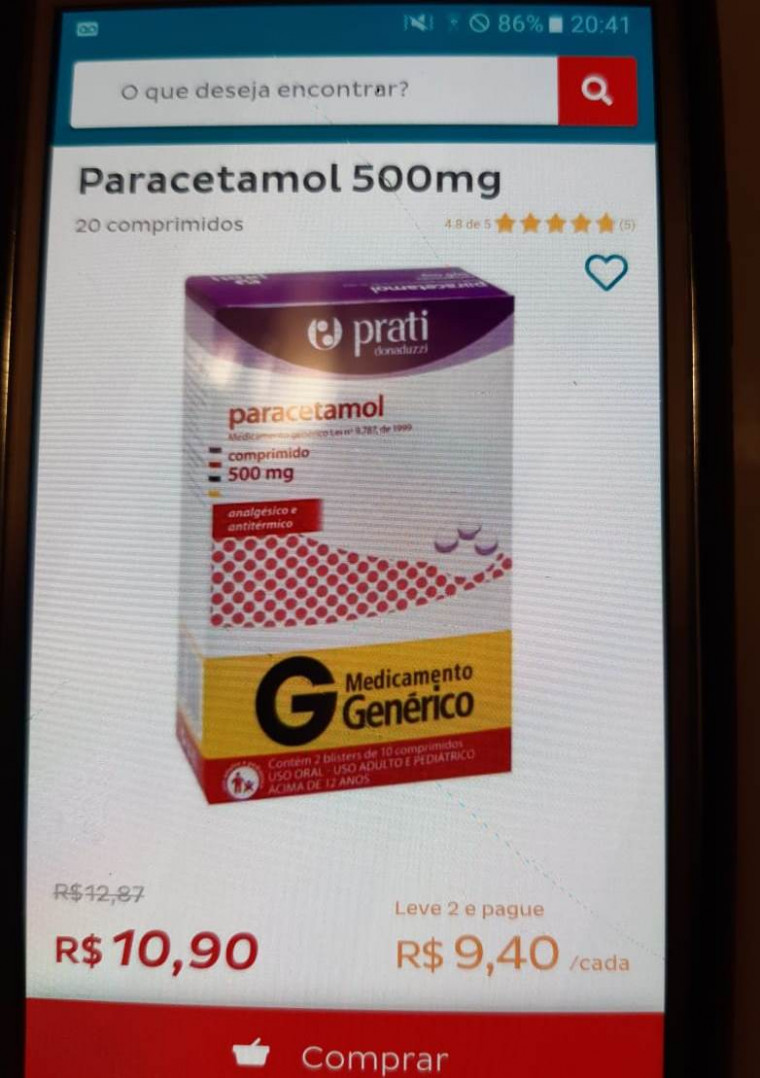 Valor do paracetamol para comparação