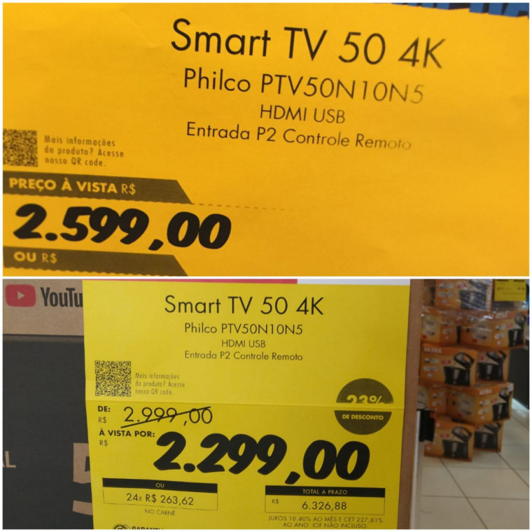 Empresa comercializava uma SMART TV 50 4K PHILCO por R$ 2.299,00 e informava que o preço anterior era de R$ 2.999,00