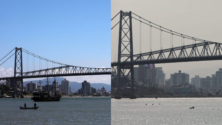 Antes e depois mostra mudança na paisagem de Florianópolis com fumaça de queimadas