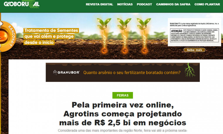 Agrotins 2020 100% também foi destaque na revista digital Globo Rural