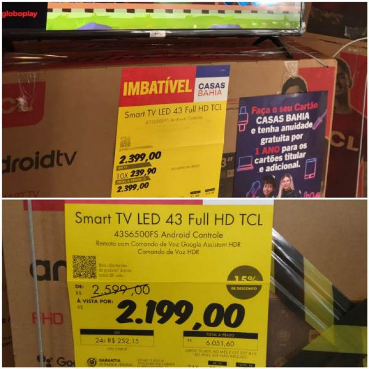 Empresa comercializava uma SMART TV LED 43 FULL HD TCL por R$ 2.199,00 e informava o valor anterior de R$ 2.599,00