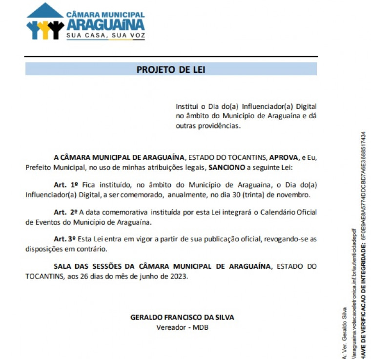 O PL apresentado e aprovado pelos vereadores de Araguaína.