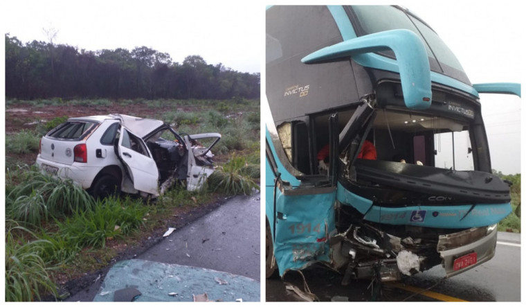 Morrem no acidente o motorista do carro e um dos motoristas do ônibus de passeio