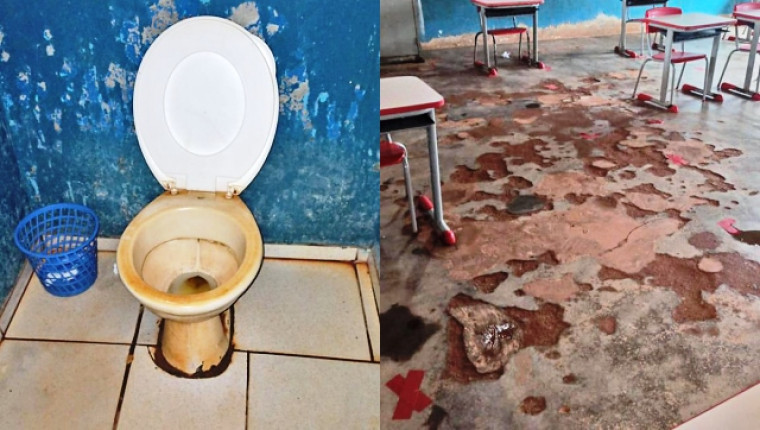 Imagens mostram a má conservação dos banheiros e das salas de aula