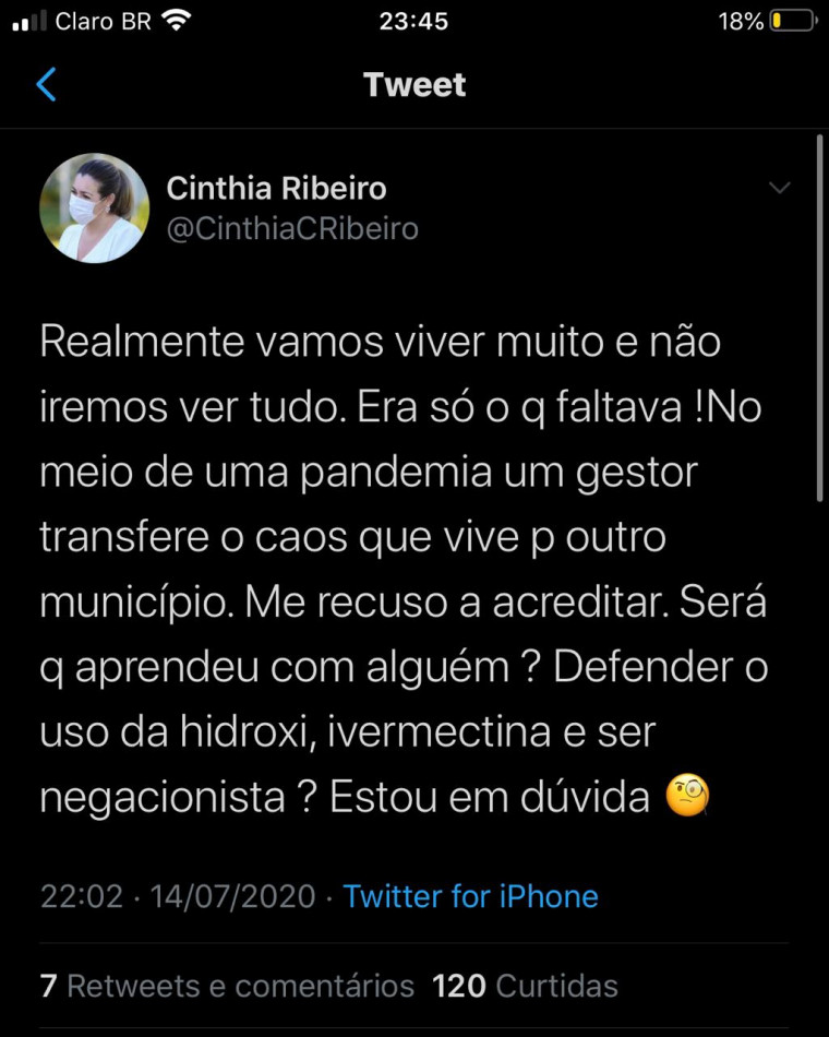 Comentário da prefeita Cinthia Ribeiro