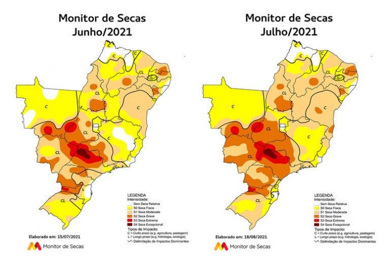 Regiões mais afetadas no Tocantins, segundo Monitor de Secas.