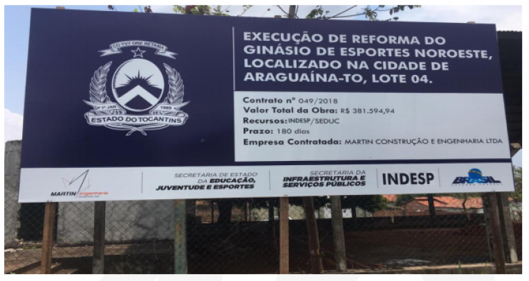 Placa da reforma de Ginásio de Esportes em Araguaína