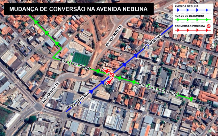 Conversão à esquerda será proibida no cruzamento da Av. Neblina com Rua 25 de Dezembro
