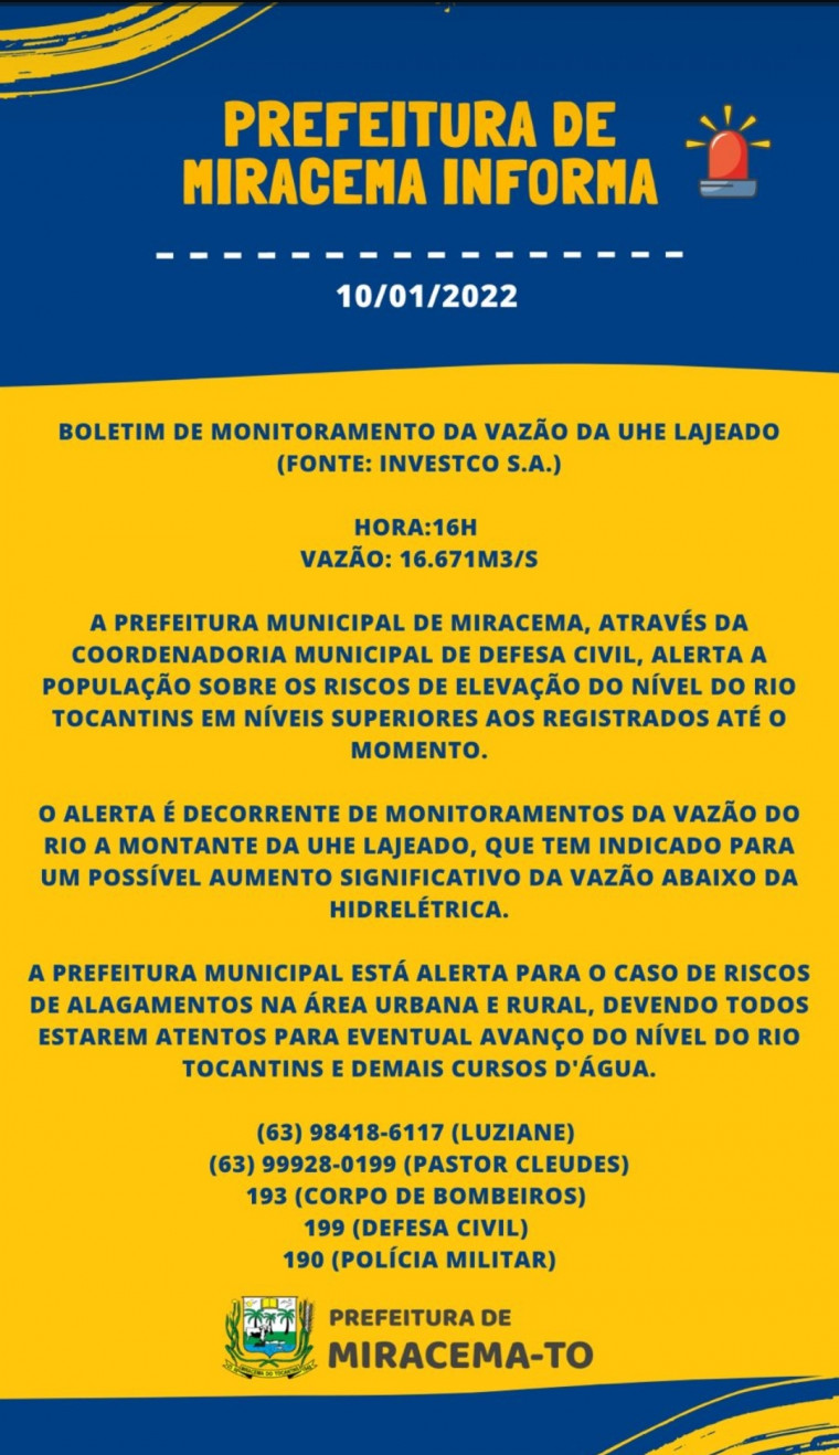 Alerta emitido também pela Prefeitura de Miracema