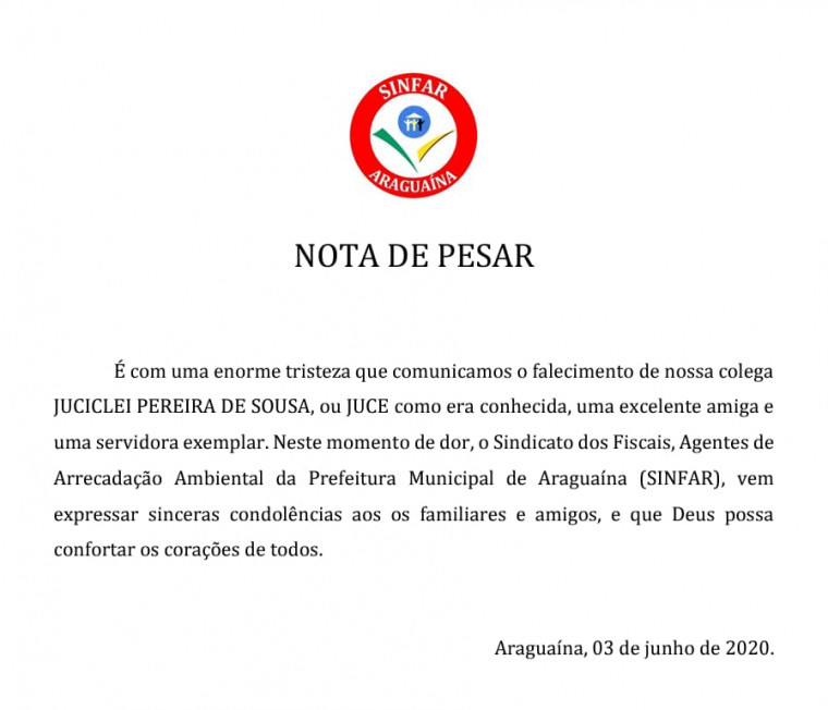 Nota de pesar do Sindicato dos Fiscais de Araguaína (Sinfar)