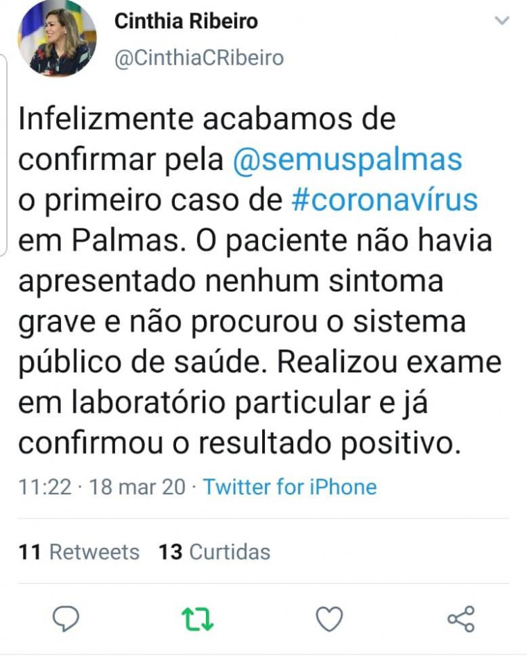 Caso de coronavírus confirmado em Palmas, segundo prefeita Cirnhia Ribeiro