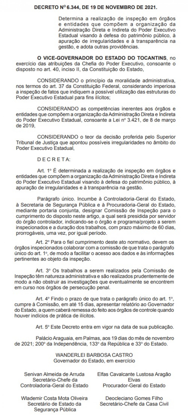 Decreto publicado no Diário Oficial do Estado