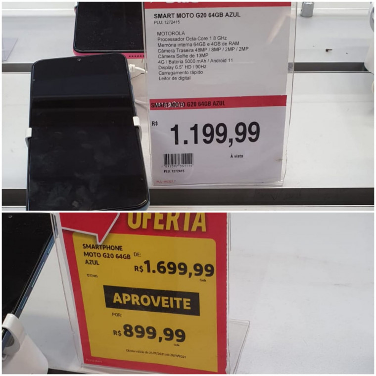 O Smartphone Moto G20 64GB Azul estava saindo à R$ 899,99 com a informação de que o preço anterior era de R$ 1.699,99