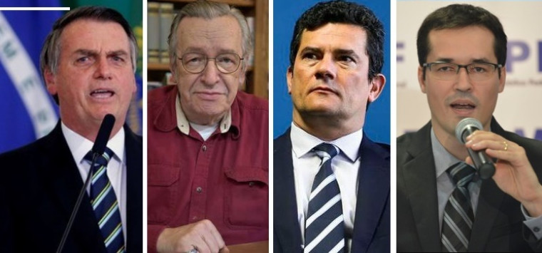 Da esquerda para direita: Bolsonaro, Olavo, Moro e Deltan