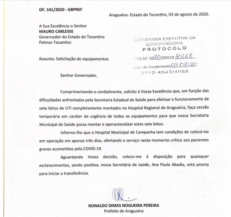 Ofício do prefeito Ronaldo Dimas enviado ao governador