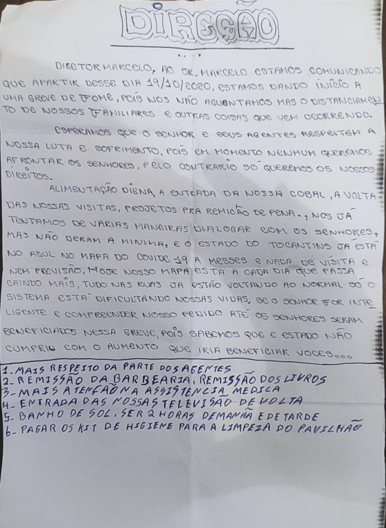 Carta enviada pelos presos ao diretor da Unidade Prisional