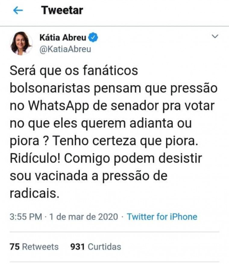 Declaração da senadora Kátia Abreu
