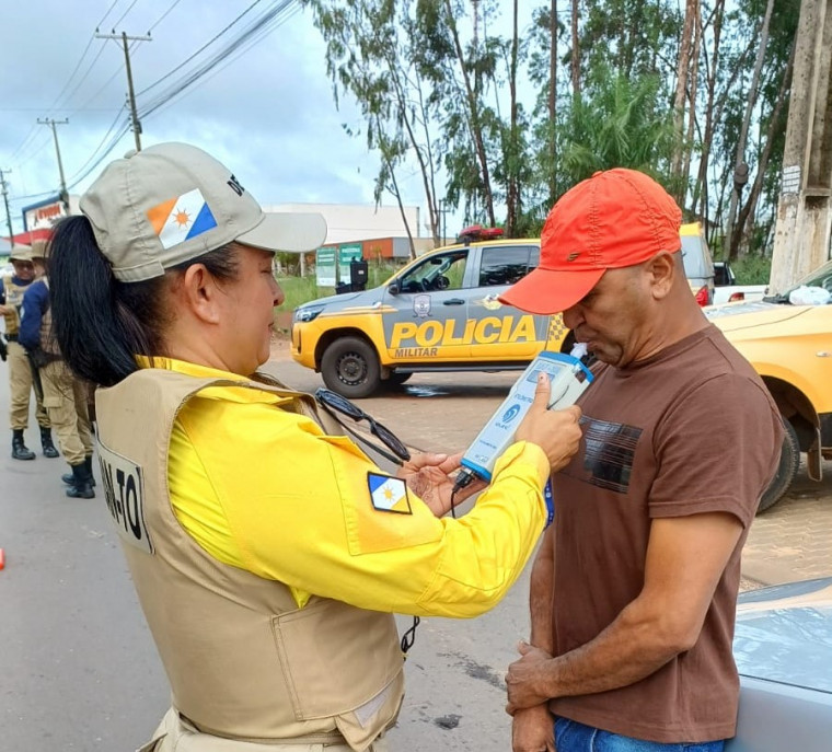 Agente de Trânsito realiza teste do bafômetro em condutor para identificar álcool
