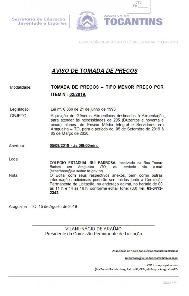 Aviso de tomada de preços