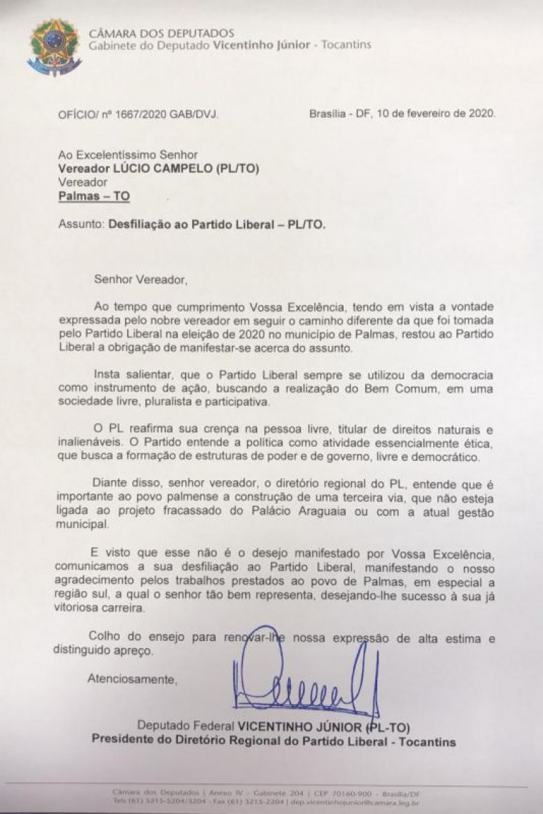 Ofício enviado pelo deputado ao vereador