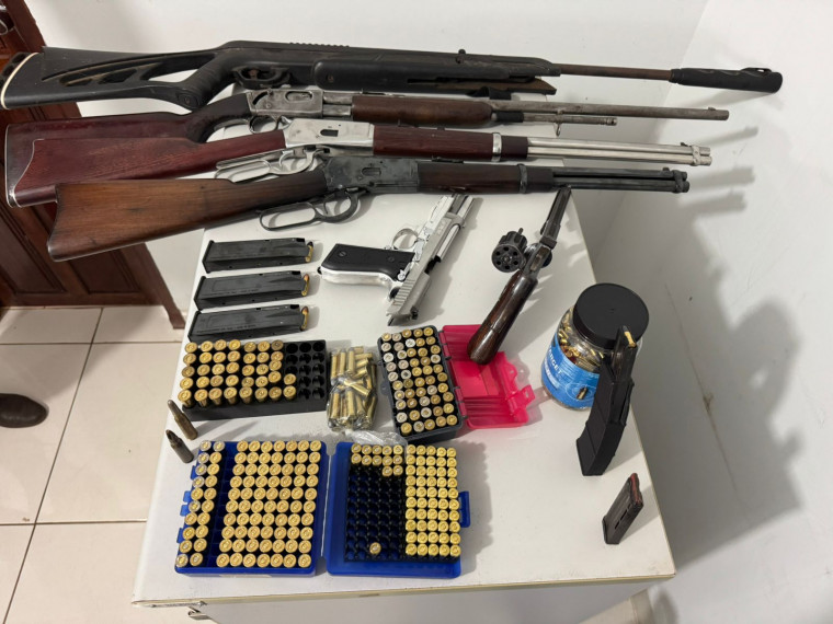 Armas e munições apreendidas durante o cumprimento do mandado de busca e apreensão em Sandolândia