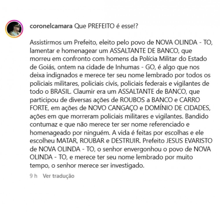 Coronel da PMGO questionou a ação do prefeito