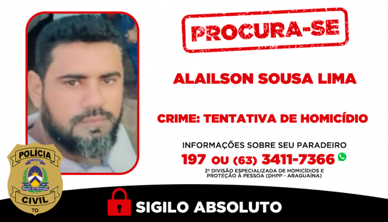 Alailson Sousa Lima está sendo procurado pela 2ª DHPP de Araguaína